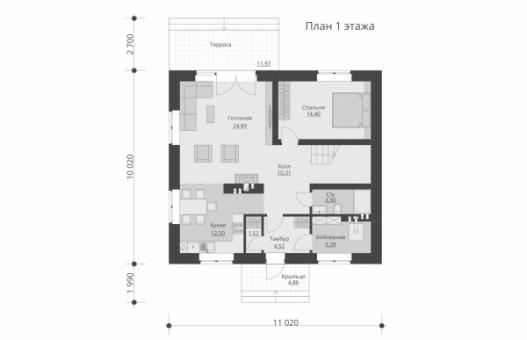 Одноэтажный дом с мансардой и террасой